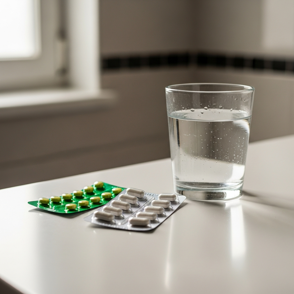 Apotheekcounter met pijnstillers Dafalgan en Brufen voor tandpijn, Belgische apotheek