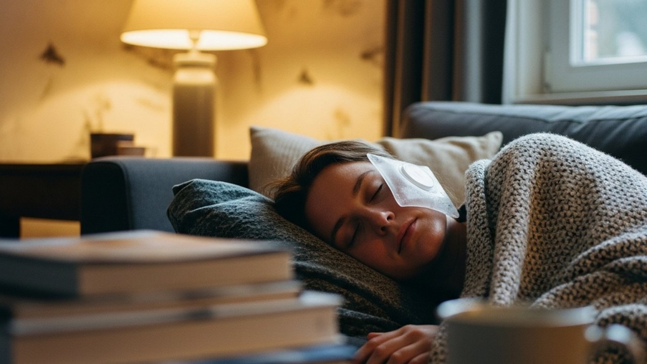 Persoon met ijscompres op wang na tandextractie, thuis op de sofa, Belgische huiskamer, warme belichting