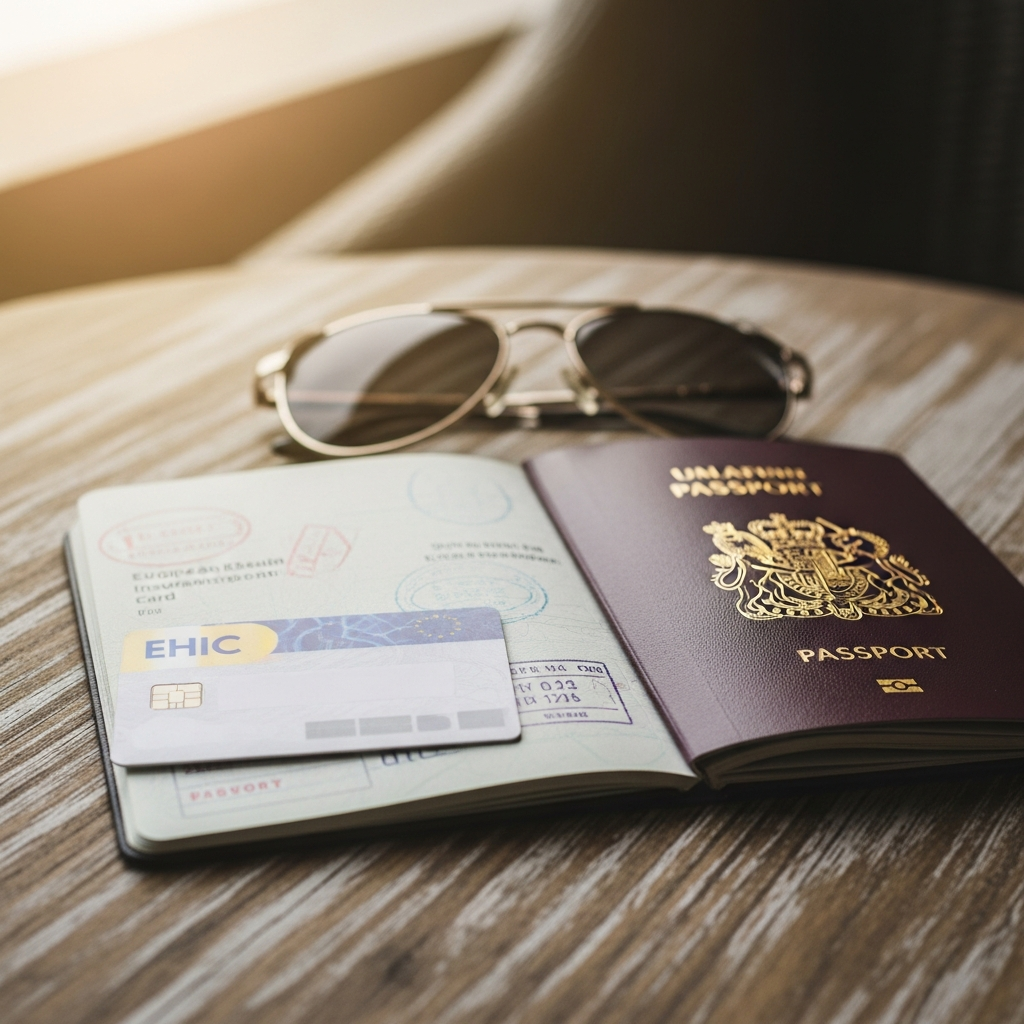 EHIC-kaart en paspoort op een zonnige tafel — Europese ziekteverzekering voor toeristen in België